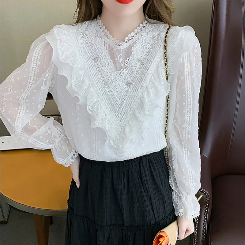 

Blouse Shirts Lace long sleeve Round collar 2021 Shirt Women's New Ruffled Lace Beading Fashion Blusas De Mujer Women Tops 810H