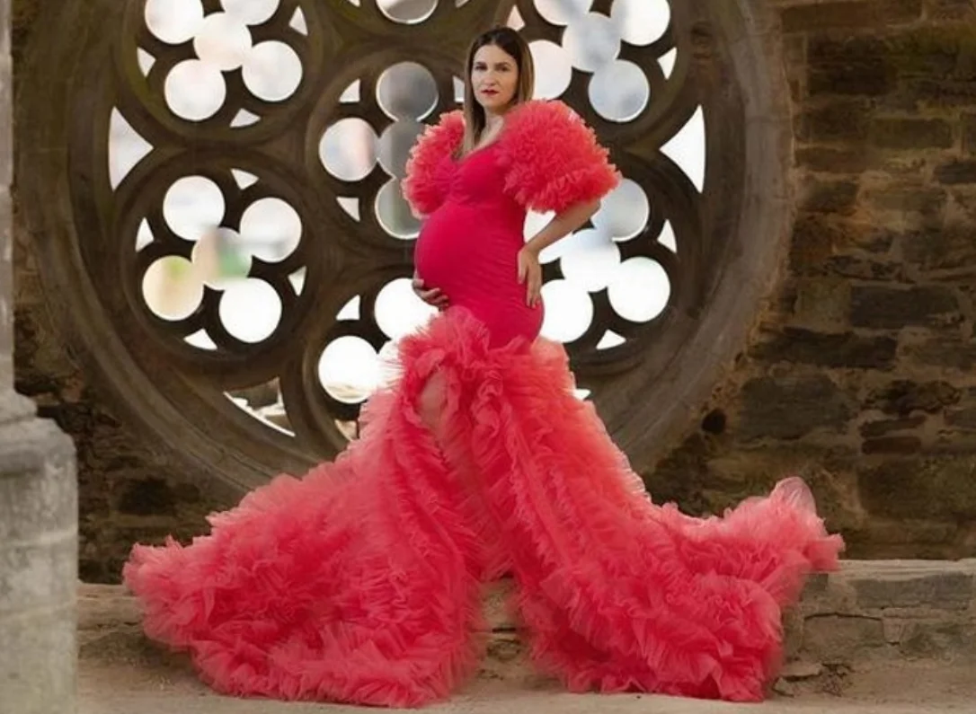 

Gorgeous Mermaid Maternity Dresses For Photo Shoot Tulle Ruffles Puffy Sleeves Pregnancy Robe Gowns Maternity Photoshoot Dress
