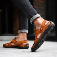 2021 new men shoes solid color pu hollow breathable creative handmade stitching flat heel two wear fashion sandals 3kc279