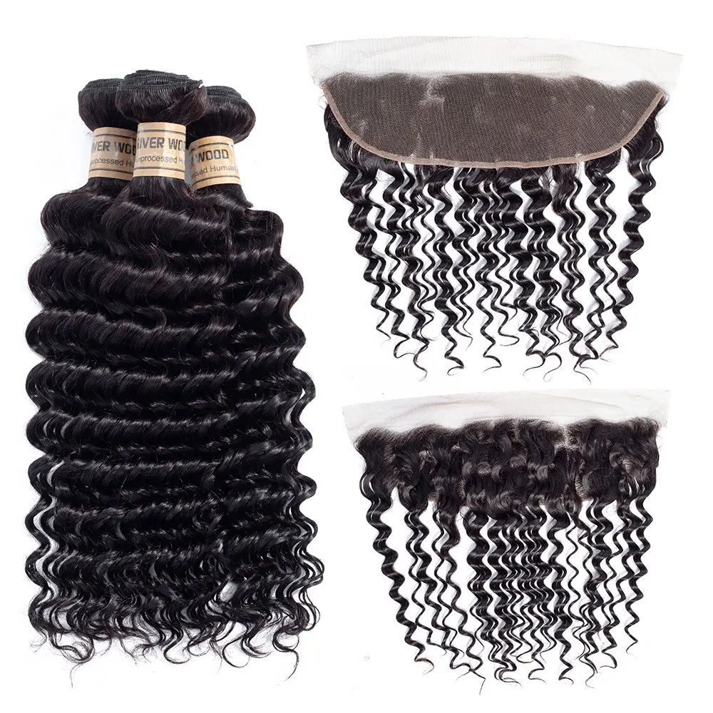 Riverwood Deep Wave Bundles With Frontal Peruvian Non Remy Human Hair Pre Plucked Lace frontal closure | Шиньоны и парики
