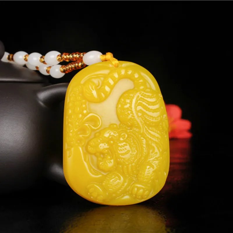 Натуральный желтый китайский нефритовый тигр подвеска бусины ожерелье модные
