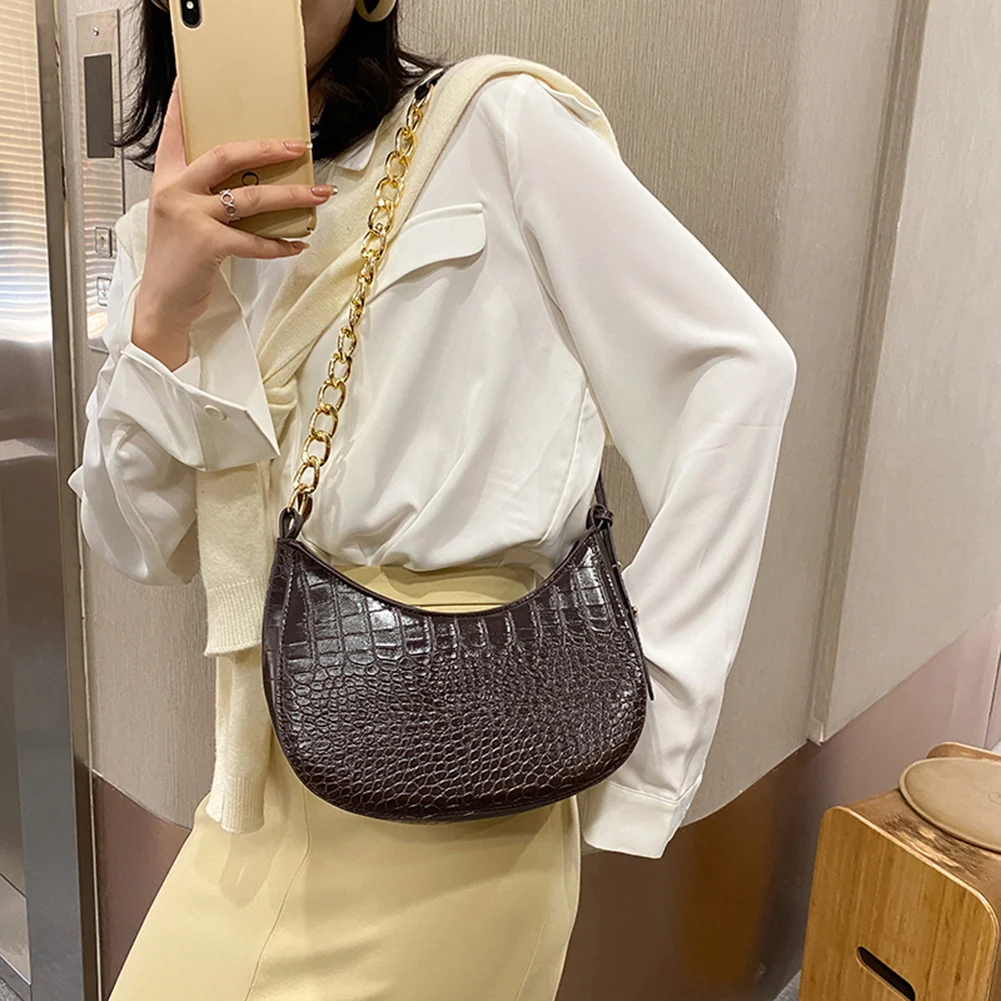 

Casual Alligator Pattern Chain Hobo Solid Leather Shoulder Underam Bag for Women Youth Ladies Simple Versatile Bag