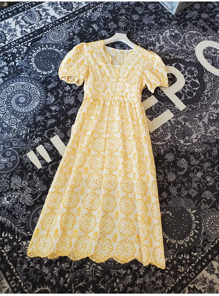 High Quality Lace Hollow Embroidery Women V Neck Puff Sleeve Holiday Long Dress 2020 Newest Summer Womans Runway Dresses Female | Женская