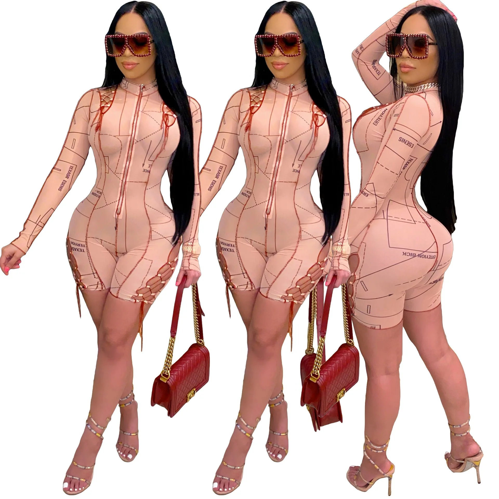 

Striped Spliced Skinny Playsuit for Women Zipper Up Long Sleeve Party Club Jumpsuit Street Style One Piece Bodysuit