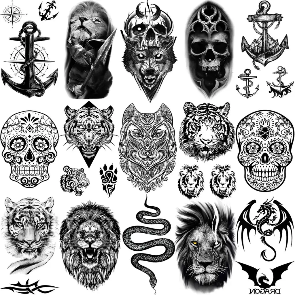 

Временные татуировки для женщин, мужчин, детей, 3D волк, тигр, Лев, Череп, дракон, змея, якорь, реалистичные поддельные татуировки, милые малень...