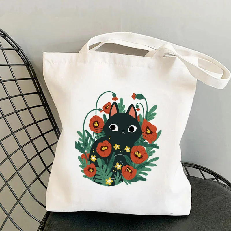 

2021 сумка-шоппер с принтом кошки в цветах мака, женская сумка-тоут в стиле Харадзюку, Женская холщовая сумка-шоппер на плечо