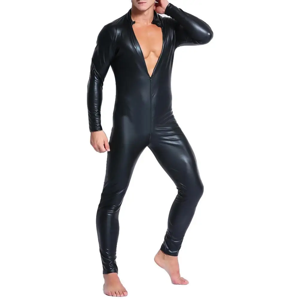 

High Neck Long Sleeve Faux Leather Zipper Bodysuit Long Pants Jumpsuit Clubwear