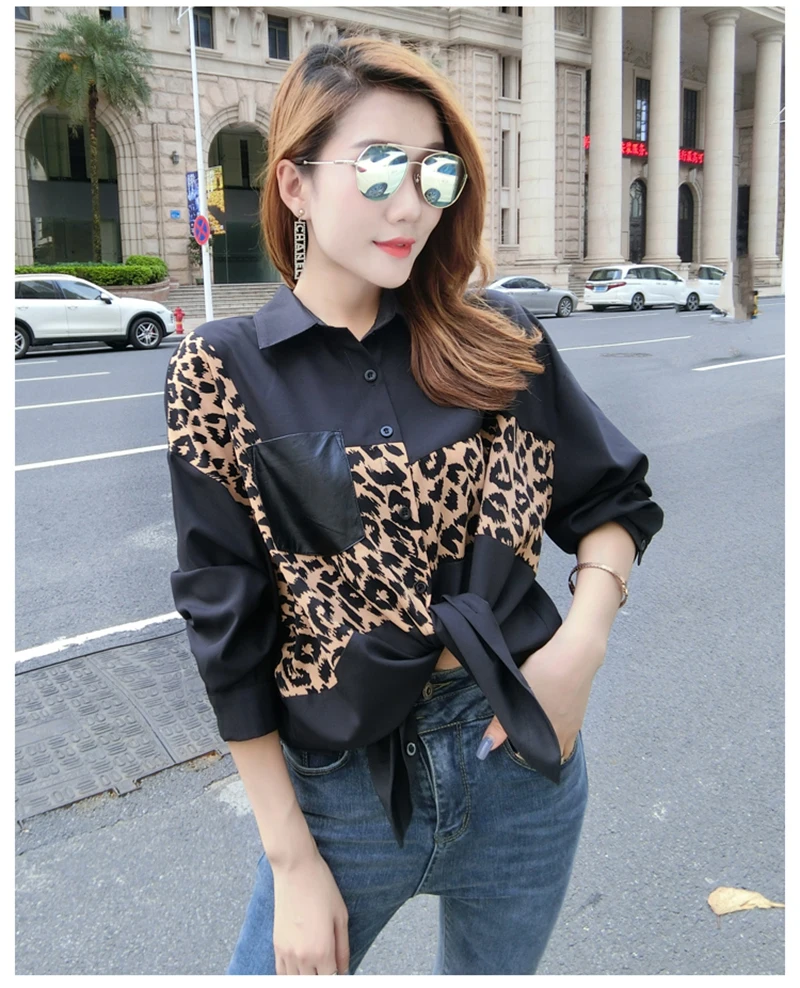 Женская леопардовая рубашка Лоскутная с одной пуговицей и отложным воротником