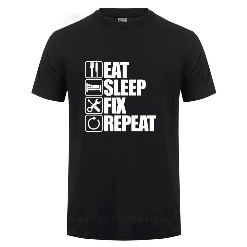 Футболка с надписью &quotEat Sleep Fix&quot забавный подарок механику инженеру на день