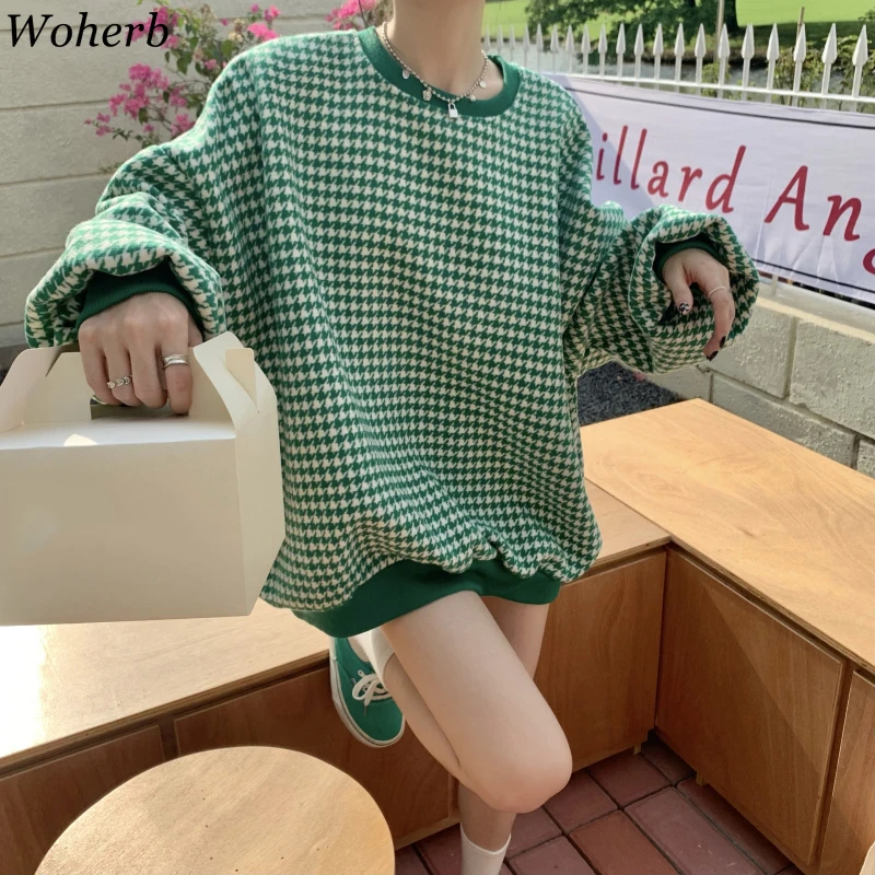 Woherb Корейская толстовка женские модные клетчатые пуловеры с круглым вырезом и