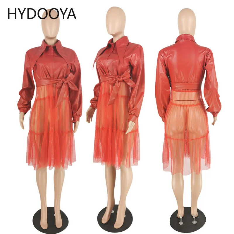 New Women Faux Leather Mesh Patchwork Long Sleeve PU Coat Jacket Turn Down Collar Belt Chic Dresses Streetwear Long Sleeve Dress