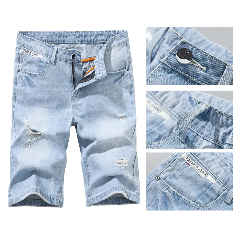 

2020 Summer Thin Hole In Men's Denim Shorts Seven Loose Five Leisure Men's Denim Breeches