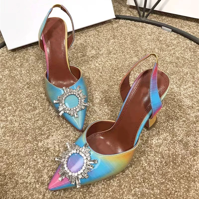 

Ollymurs Rainbow Pointed Toe Party Wedding Block Heel shaoes Female Fashion High Heel Pumps Ladies Zapatos De Mujer