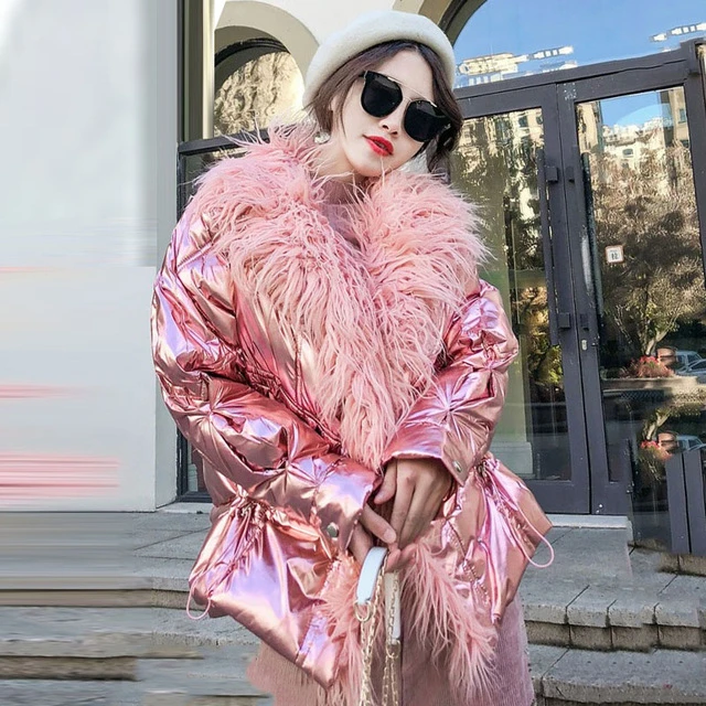 2019 зимняя куртка женская Серебристая блестящая искусственная овечка меховая