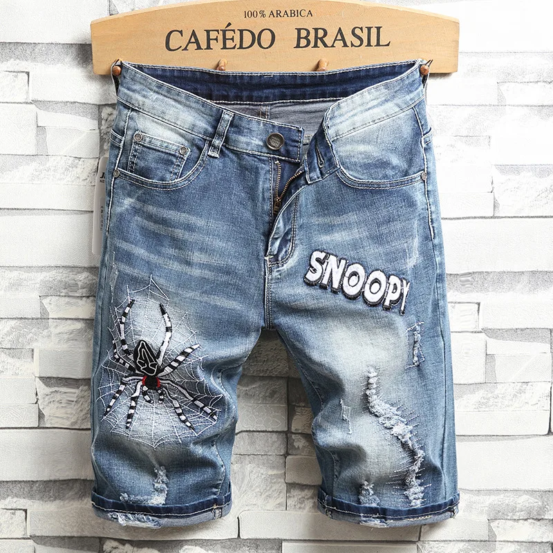 2021 New Ripped Denim Shorts Men's Spider Embroidered Ripped Motorcycle Men Designer Jeans Shorts for Men