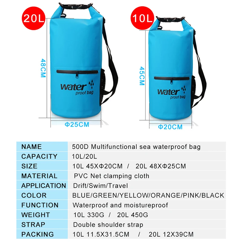 

10L 20L Outdoor Waterproof Backpack Dry Bag Double Straps Water Pack Trekking Sack Swim Backpack Drifting Kayaking Dry Bags Kits