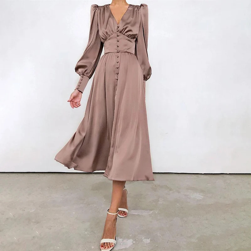 

Lady Romantic Party Dress Silk Long Dress V-neck Elegant Close Waist button Dress Female Fashion Sexy French Lantern Sleeve