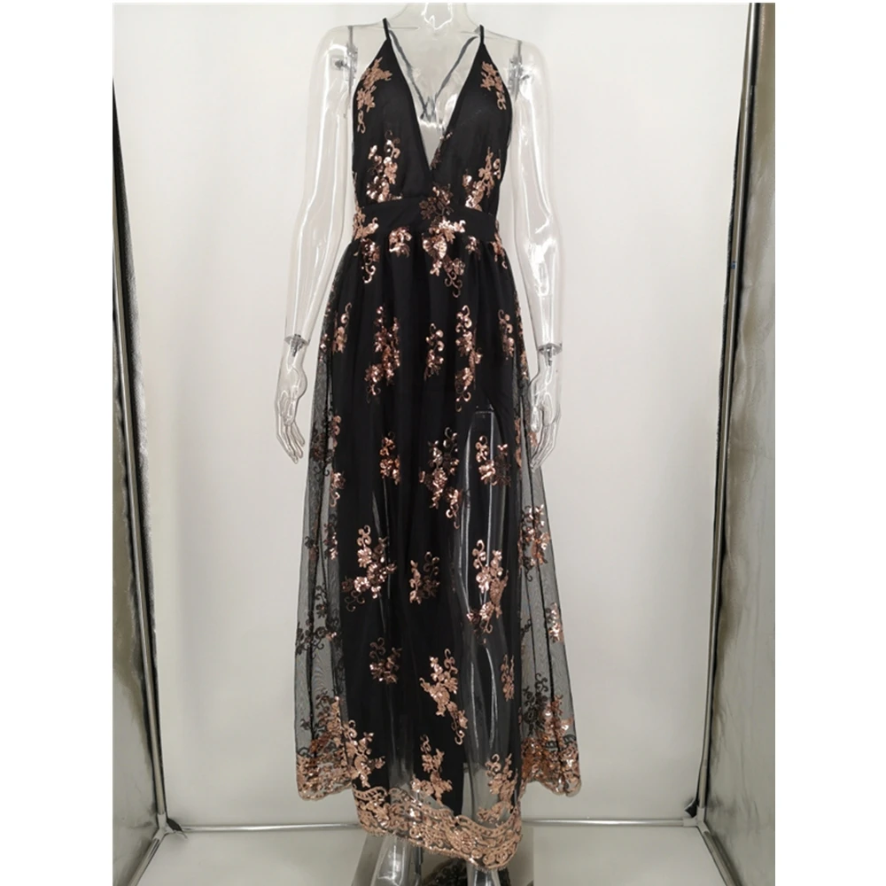 

Vestidos De Fiesta Deep V Neck Slip Long Dress 2021 Sexy Backless Mesh Patchwork Dresses For Women Party Wear Elegant Green/Gold