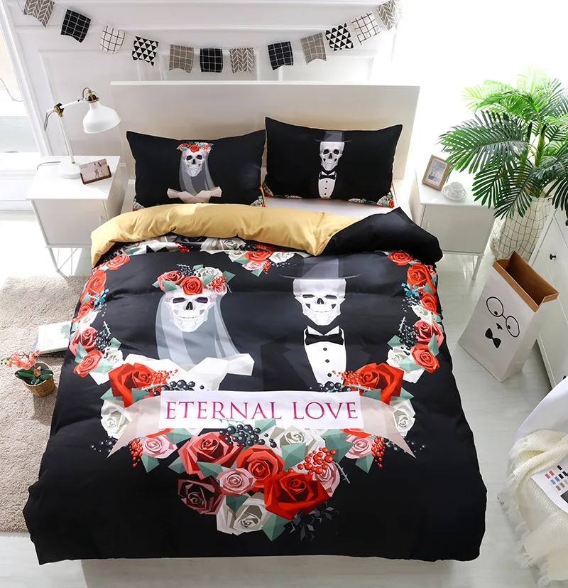 

3D Printed Human And Skeleton Flower Black Design Twin King Queen Bedclothes Duvet Cover Set White Bedding Set Comforter Bed Set