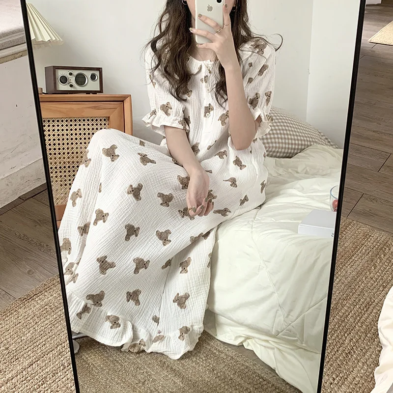 

Kawaii Bear Print Summer Nightgown Women Cartoon Casual Cotton Long Sleepwear Short Sleeve Loose Homewear Ruffles O-Neck