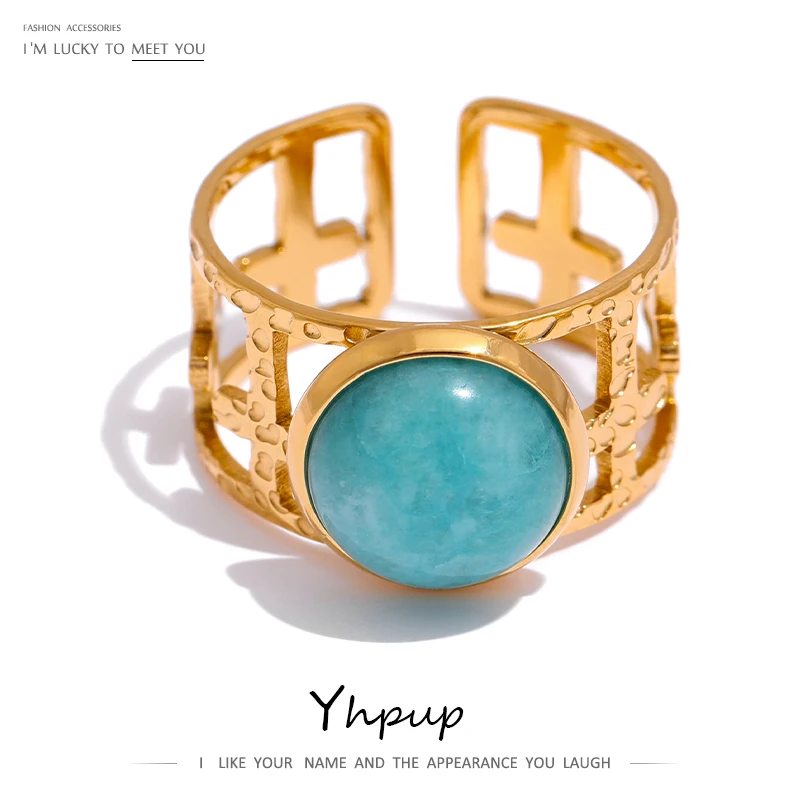 

Yhpup 316L Stainless Steel Trendy Ring Simple Gold Metal Blue Stone Opening Ring for Women кольцо женское Wedding Gift Jewelry