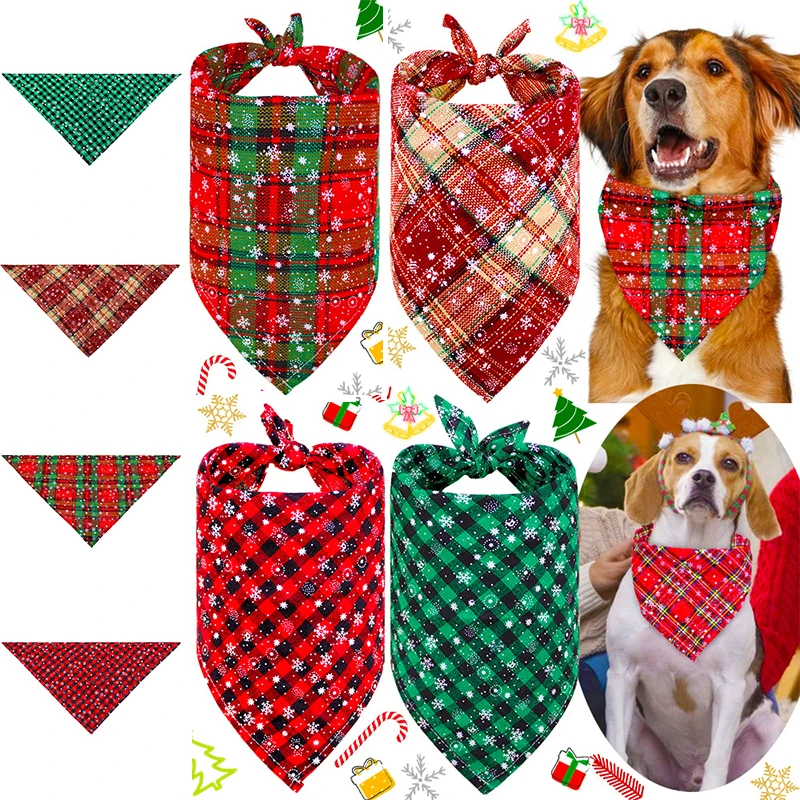 

Dog Bandanas Large Pet Scarf Christmas Double Layer Triangle Scarf Snowflake Printing Cotton Plaid Saliva Towel Pet Neckerchief