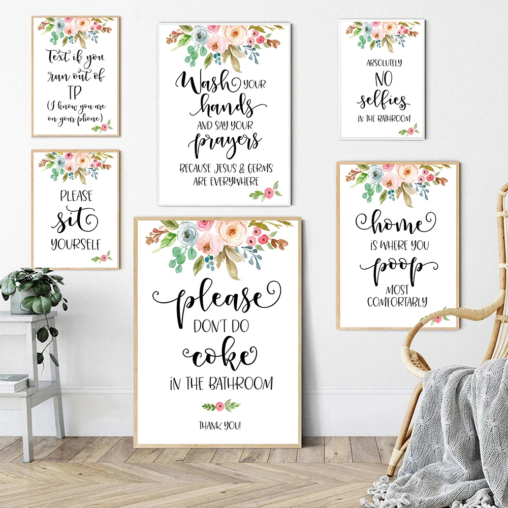 

Funny Bathroom Quote Flower Canvas Painting Home Decor Humorous Gift Wall Art Toilet Sign Poster Nordic Washroom Print Pictures
