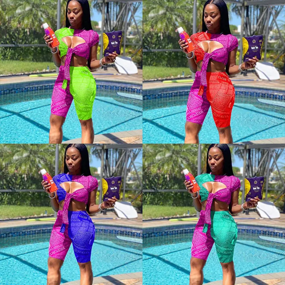 

Women Sexy Patchwork Yoga Suit Workout Sports Yoga Set 2Pcs String Gym Clothing Fitness Short Sleeve Sports Suits Short