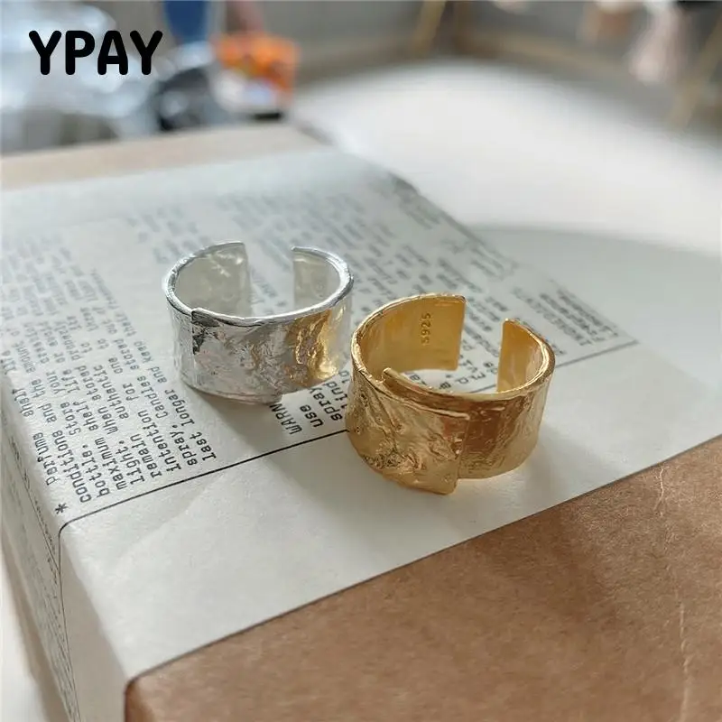 

YPAY 100% Authentic 925 Sterling Silver Open Rings for Women Irregular Uneven Surface Foil Wide Finger Ring Fine Jewelry YMR1077