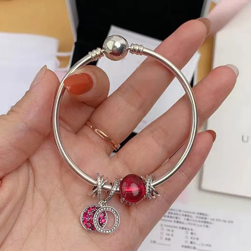 

Original 925 Sterling Silver Series Gem Beads And Red Cz Pendant Bracelet For Women's Wedding Party Gift Diy Jewelry