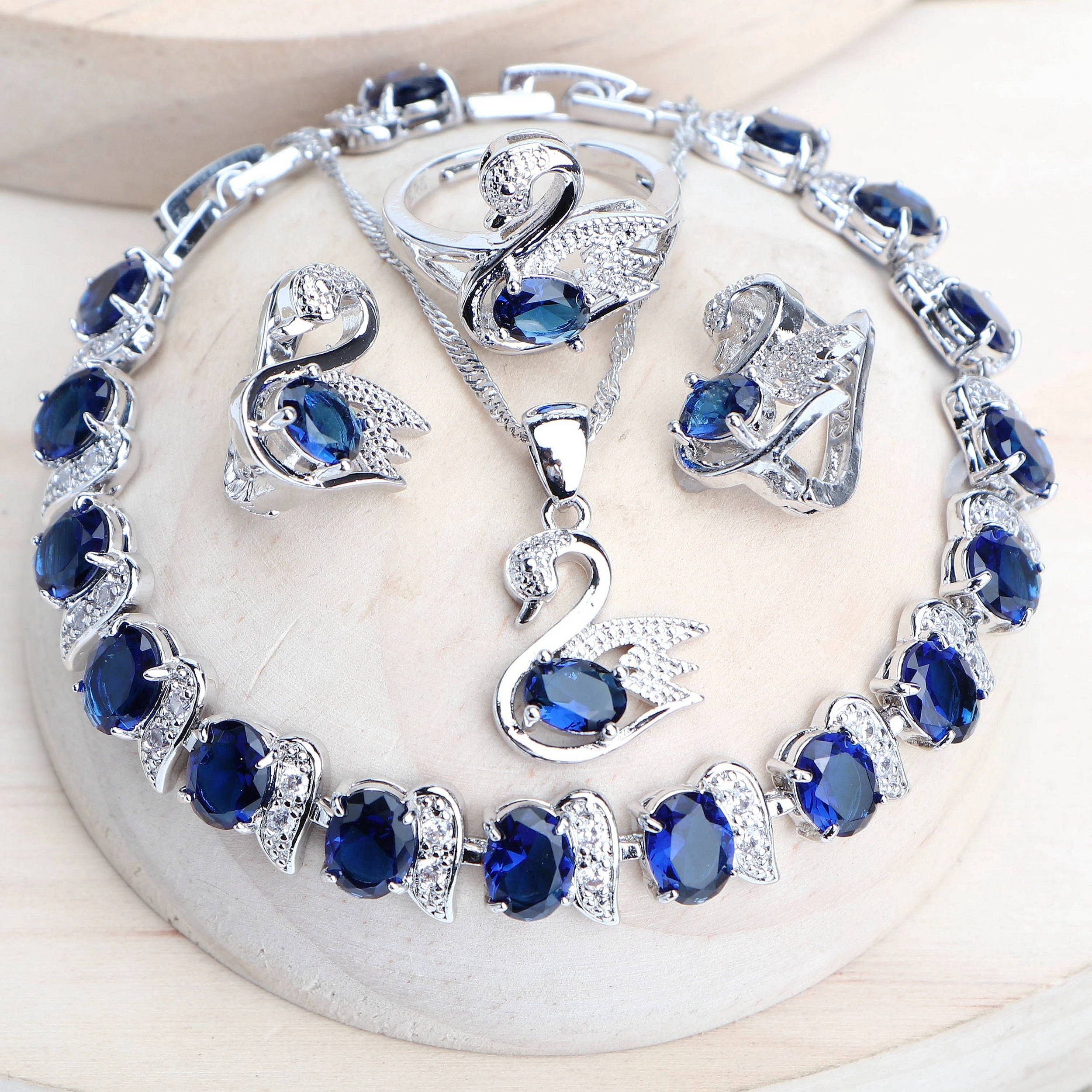 Trendy Women Bridal Jewelry Sets For 925 Sterling Silver Blue Cubic Zirconia Wedding Earrings Rings Bracelets Pendant Necklace