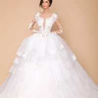 2015 elegant jewel neckline appliqued lace long sleeve sheer back tiered ruffled wedding bridal dresses