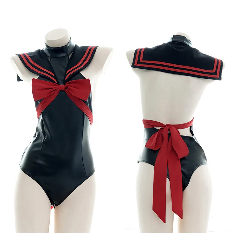 Punk Lolita PU Sailor Collar Bodysuits School Girls Cosplay Sukumizu Turtleneck Bow Bandage Backless Swimwear Swimsuit Bodycon
