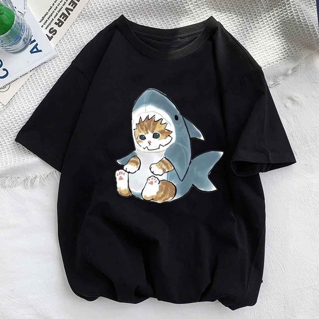Kawaii Cat Shark Женская забавная Футболка с принтом животных Y2K Модные топы 90-х футболка