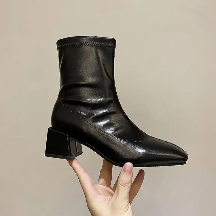 

Boots 2021 red autumn thick heel thin new net elastic boots zipper thin thick heel short boots women's spring and autumn single