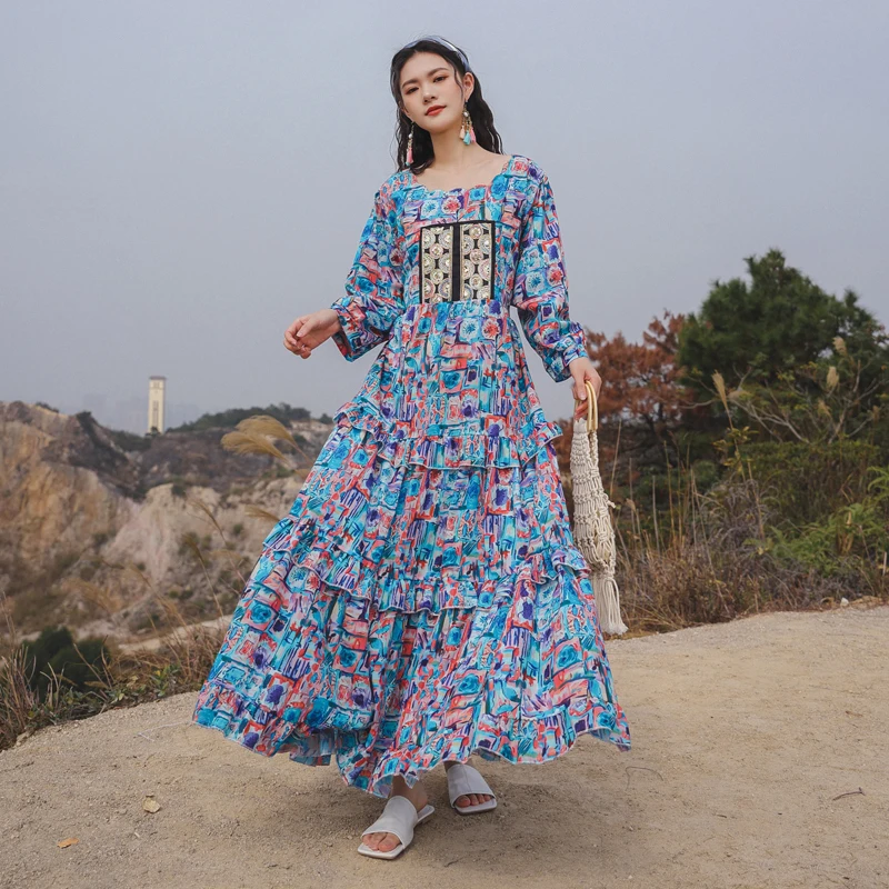 

Vestido Floral Print Boho Maxi Dress Lady Bohemian Summer Cotton and Linen Embroidery Beach Dresses For Women 2021 Vestidos