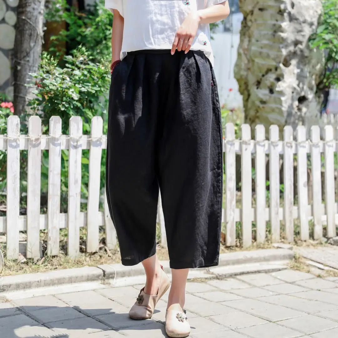 

New ladies solid color cotton and linen cropped pants loose wide-leg pants gray
