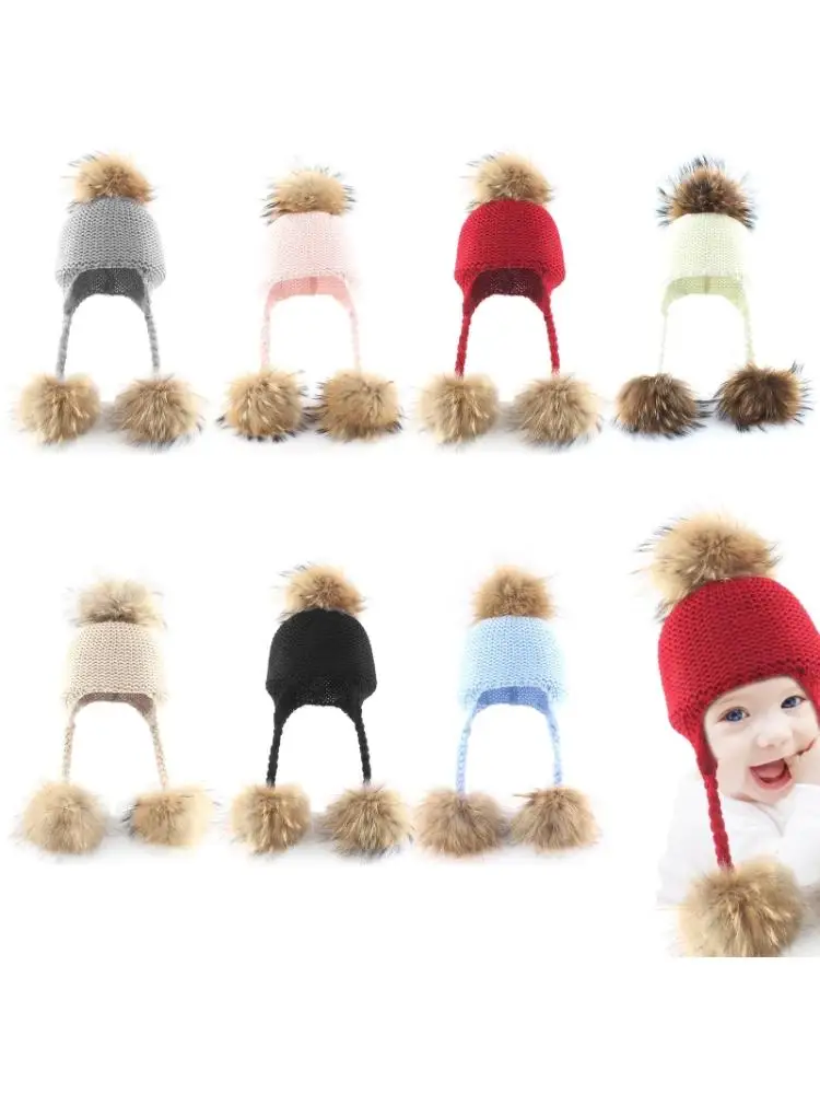 

Toddler Baby 3 Raccoon Fur Ball Beanie Autumn Winter Warm Solid Color Knitted Hat Earflap Children Ear Protection Cap