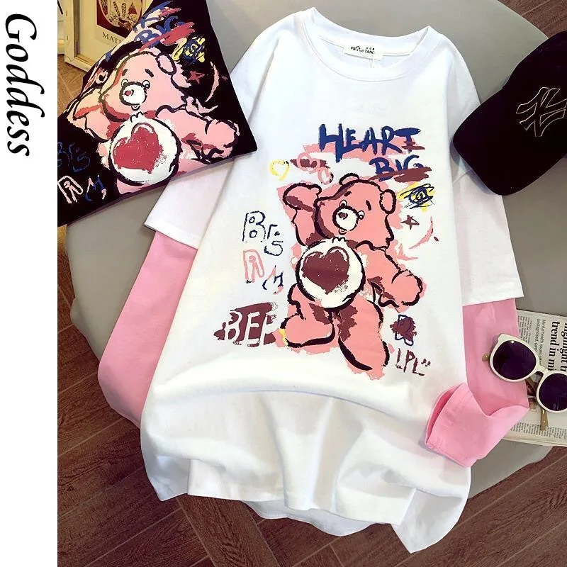 

Women Harajuku Hip Hop Bear Tshirt Female Casual Long Sleeve Women Clothes Harajuku High Street Shirt Cotton Black Loose T shirt