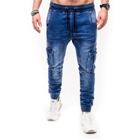 blue vintage man jeans business casual classic style denim male cargo pants more pockets frenum ankle banded casual pants s 3xl