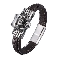 brown leather braided bracelets men wristband stainless steel wolf head magnetic buckle bangles punk hip hop jewelry gift sp0883