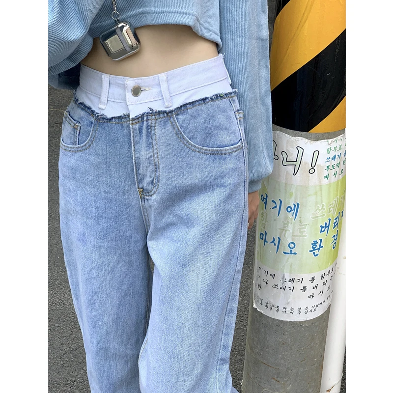 

Женские джинсовые брюки с контрастной строчкой, светло-голубые прямые широкие брюки с высокой талией, свободные брюки на осень и зиму 2021