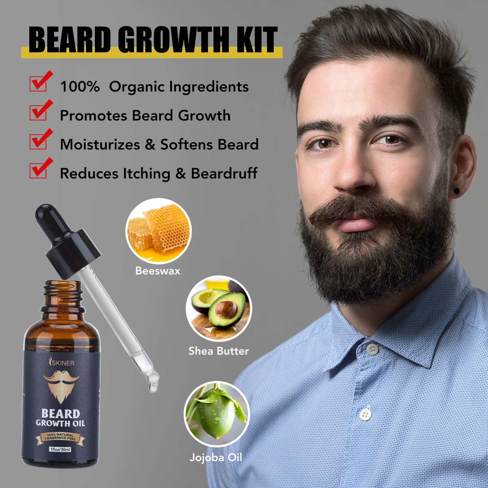 5Pcs/Set Men's Beard Growth Kit Enhancer Serum Essential Oil Balm Nourishing Grooming Beauty Care With Roller Comb Scissor |