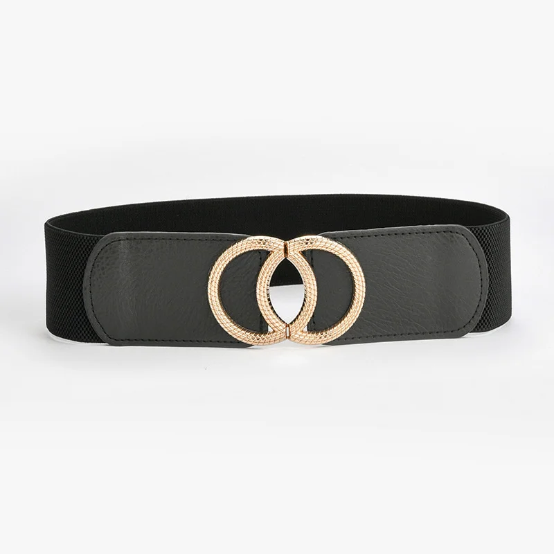 

Women's Elastic Waistband Black Fashion Stretch Wide Belt Gold Round Buckle Waist Seal Dresses Decorate Waist Seal Female