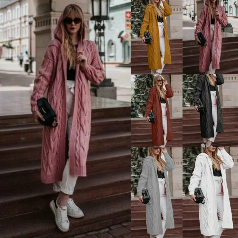 Женский Повседневный вязаный кардиган свитер с длинным рукавом и капюшоном