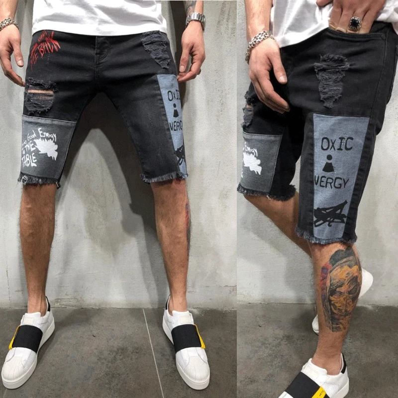 

summerJeans shorts men fashion High street Hole Ripped Denim shorts Mens Patchwork Print Hip hop jeans male