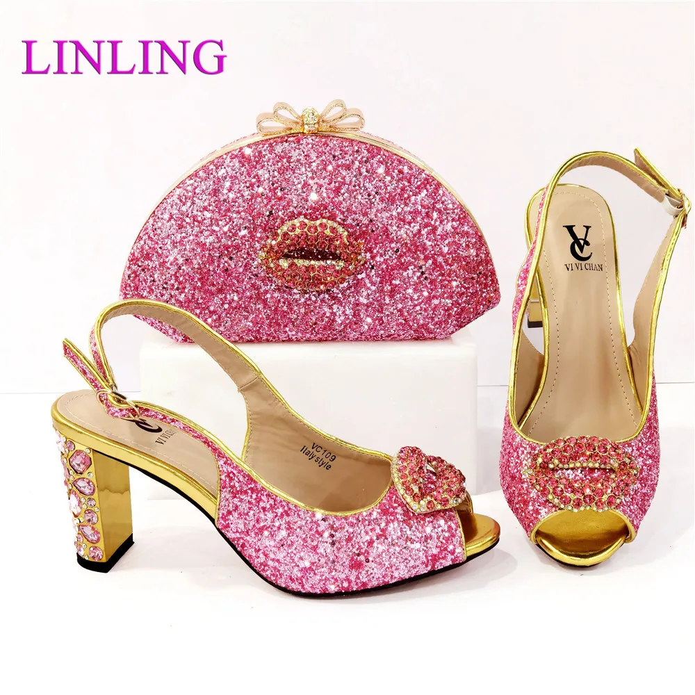 

New 2023 Nigerian Newest Italian Design Pink Color Party Ladies Shoes and Bag Set Decorated With Special Narrow Band and Elegant