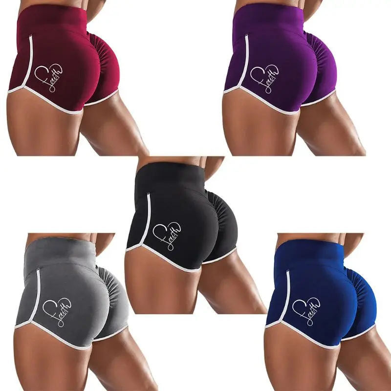 

Women Plus Size Workout Sport Shorts High Waist Ruched Scrunch Booty Solid Color Faith Heart Print Butt Lifting Running Leggin