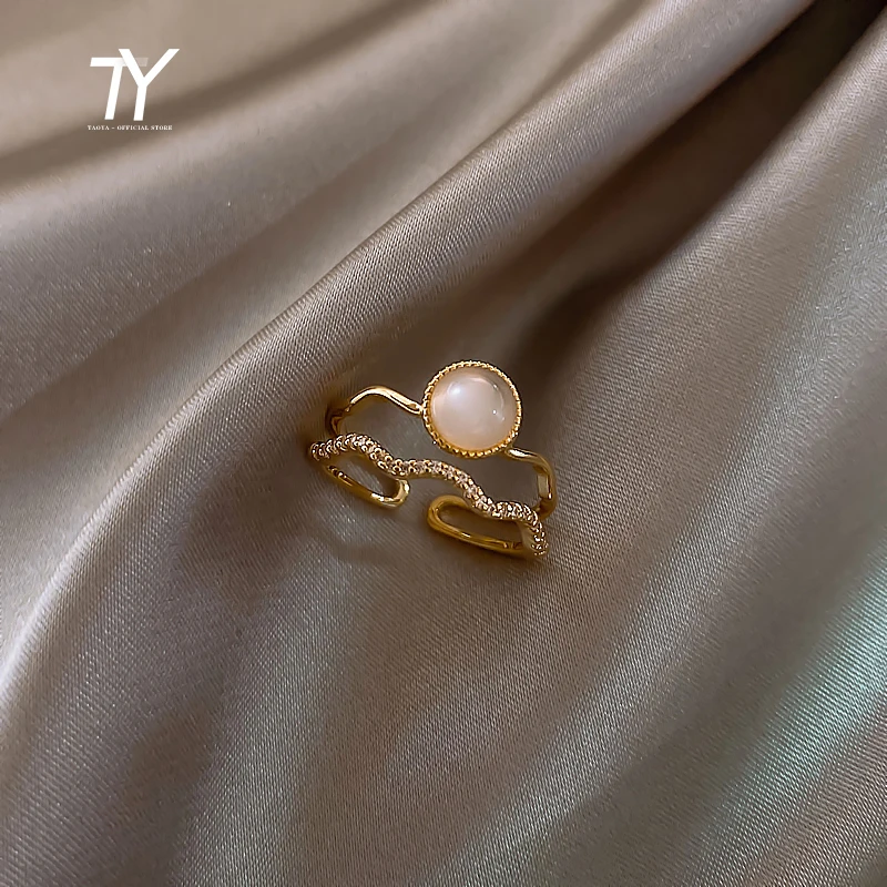 

2021 Luxurious French Romantic Double Wave Opal Gold Color Open Rings For Woman Neo Gothic Jewelry Korean Girls Unusual Ring Set