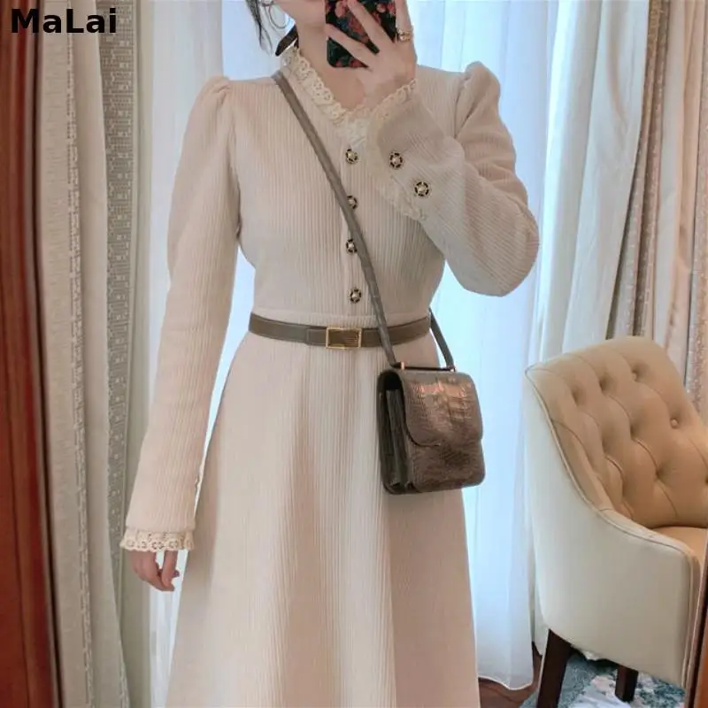 

Winter Knit One Piece Dress Female Slim Outerwear Korean 2021 Vintage Black Dress Women Casual Long Sleeve Lace Elegant Dresses